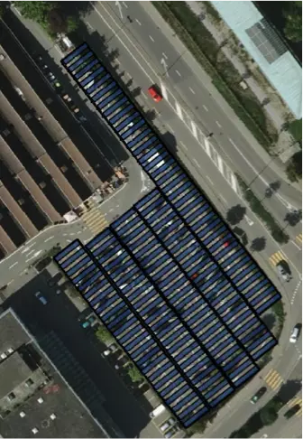 The picture shows the arrangement of the PV carport. The photo is from www.thurgis.ch.