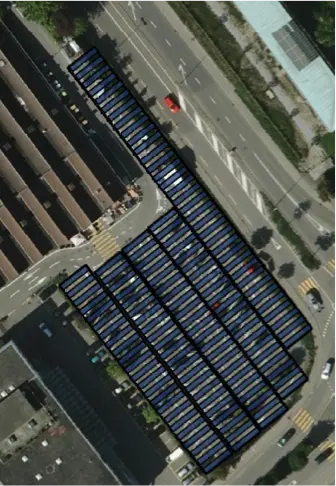 The picture shows the arrangement of the PV carport. The photo is from www.thurgis.ch.