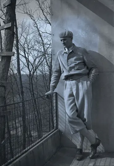 Albert Frey on terrace of Aluminaire house, Syosset, New York, 1931