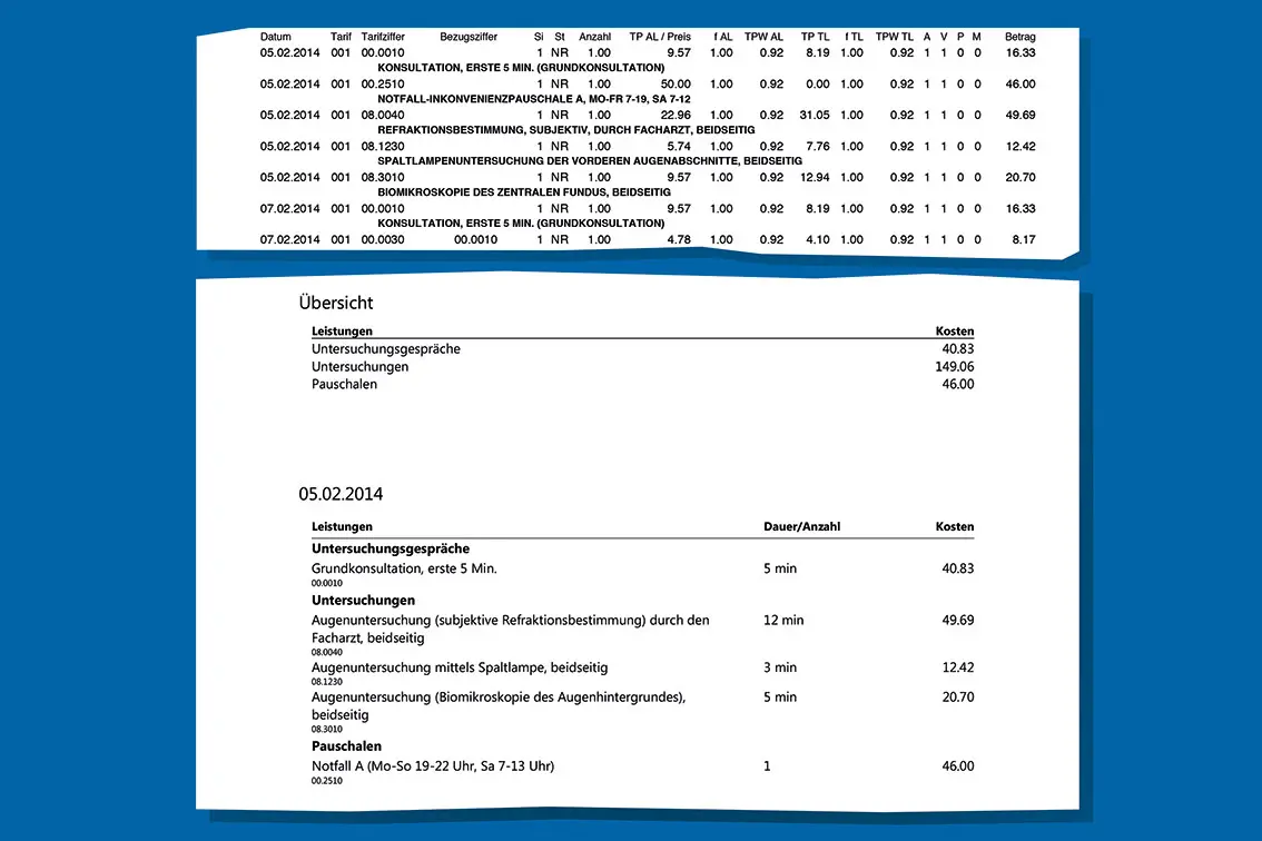 Detaillierte Ansicht einer Arztrechnung