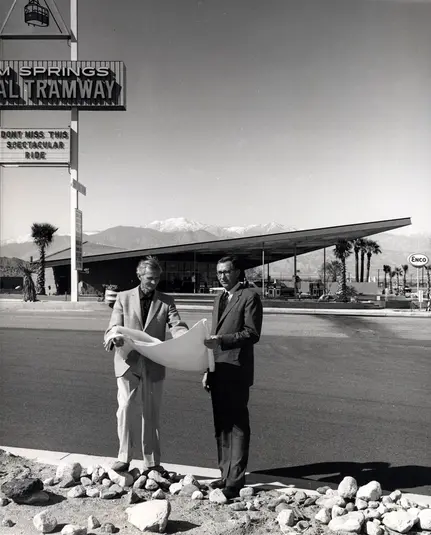 Albert Frey and Culver Nichols at the Tramway Gas Station, Palm Springs, Calif., after 1965.