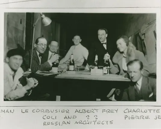 Group portrait of Le Corbusier, Albert Frey, Charlotte Perriand, and others, circa 1928.