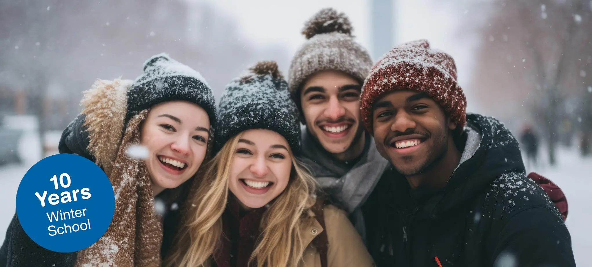 Smiling portrait of a young and diverse group of students on a college campus