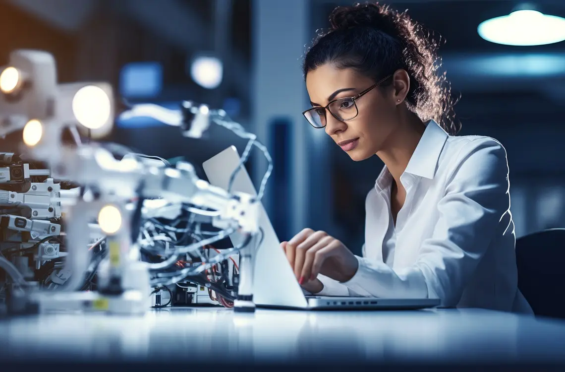 A young female engineer in the field of machine learning, works at her laptop on robotics project.