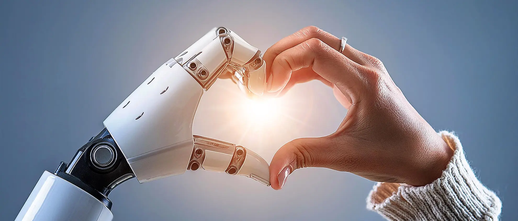 Close-up of a Humanoid Robot Hand and a Human Hand in the Form of Heart - Generative Ai