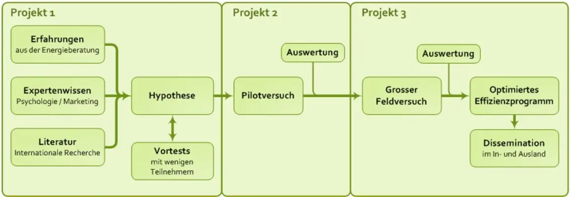 Im Projekt 1 werden Erfahrungen aus der Energieberatung, Expertenwissen aus Psychologie und Marketing und Literatur (internationale Recherche) einbezogen, um eine Hypothese zu bilden. In die Hypothese fliessen auch Vortests mit wenigen Teilnehmern ein.