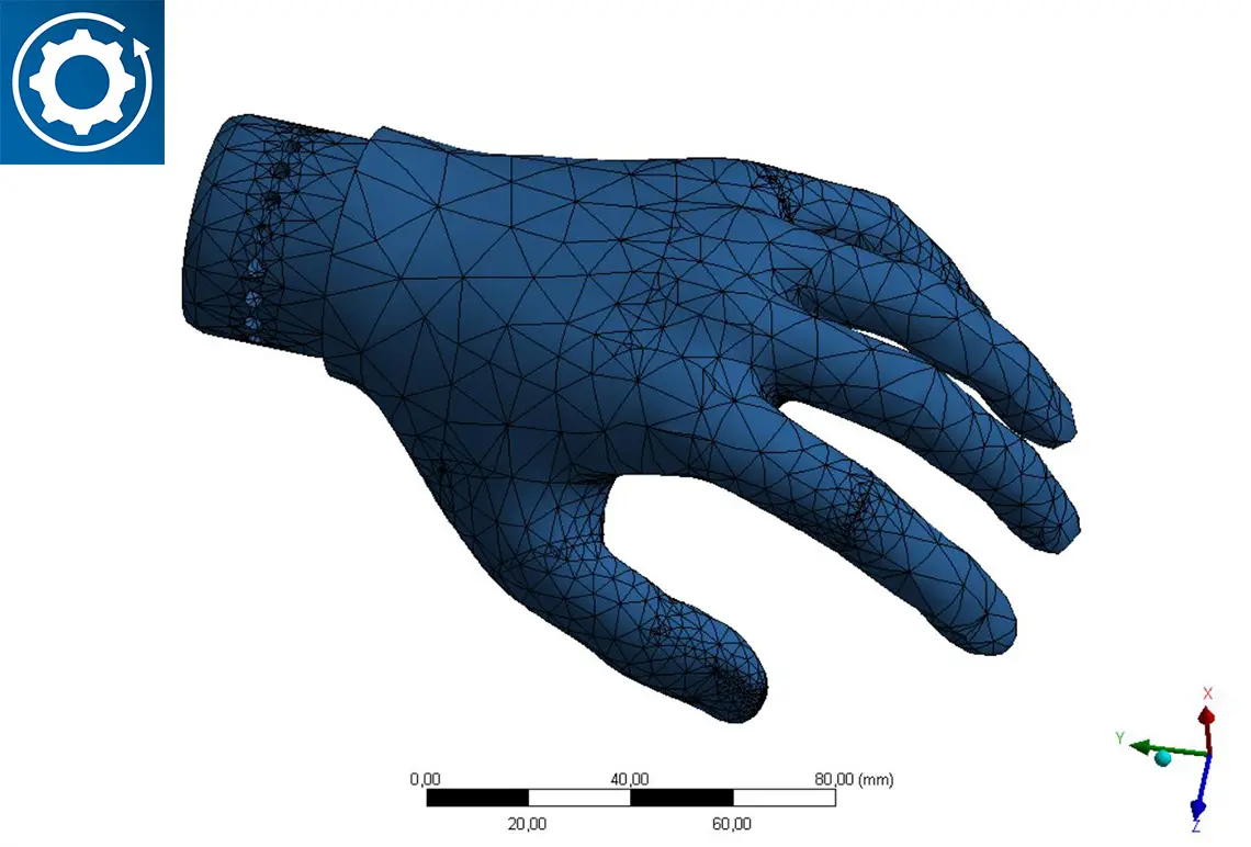 Finite elements Cross-linking of the prosthesis geometry for the load case "lintel in X-direction with impact factor 2".