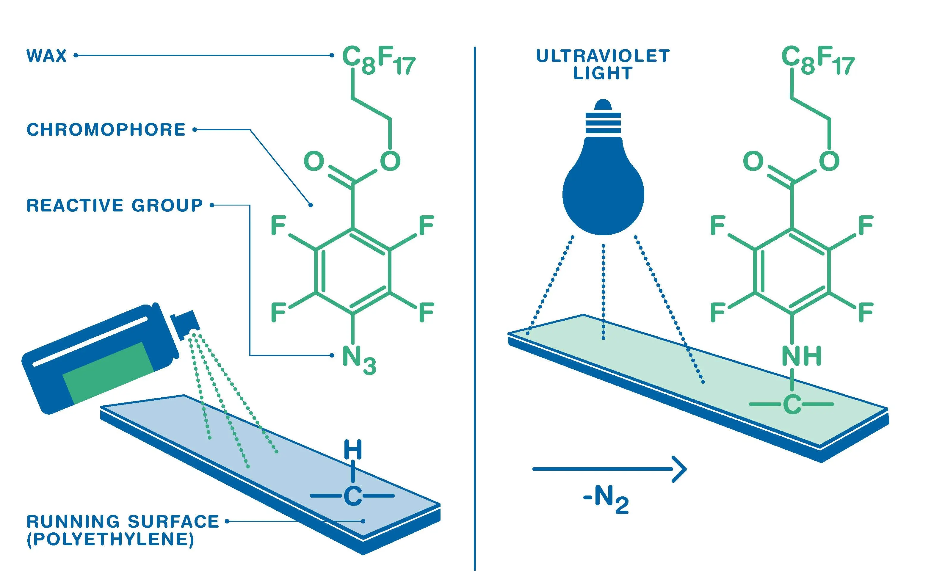 The molecule reacts with the UV light by splitting off nitrogen. What remains is a highly reactive nitrene, which chemically binds to the low-reactivity plastic together with the wax, enlarged view