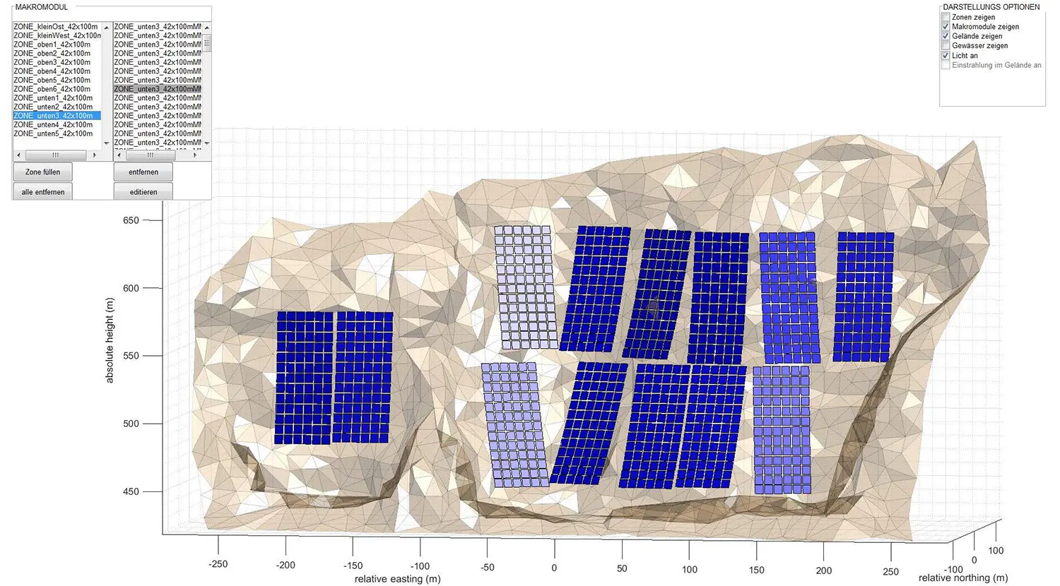 Automatische Anordnung einer grossen Anzahl von PV-Modulen in Kettenbahnen mit vorgegebenem Durchhang innerhalb der vordefinierten Flächen. Vergrösserte Ansicht.