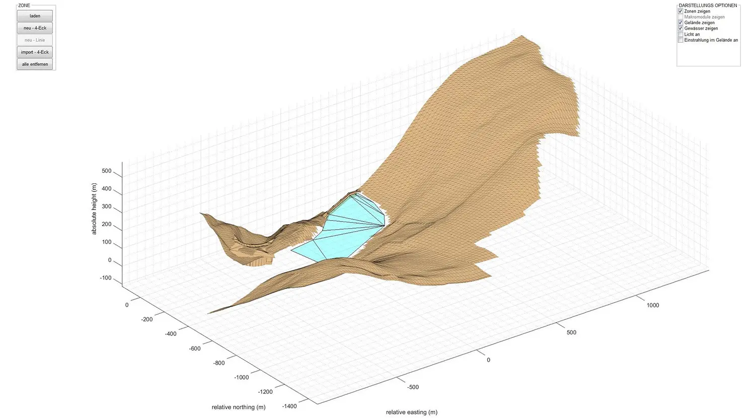 3D-Umgebung und Gewässer in der näheren Umgebung um das Kraftwerkprojekt nach dem Import aus einer 3D-Modellierungssoftware. 