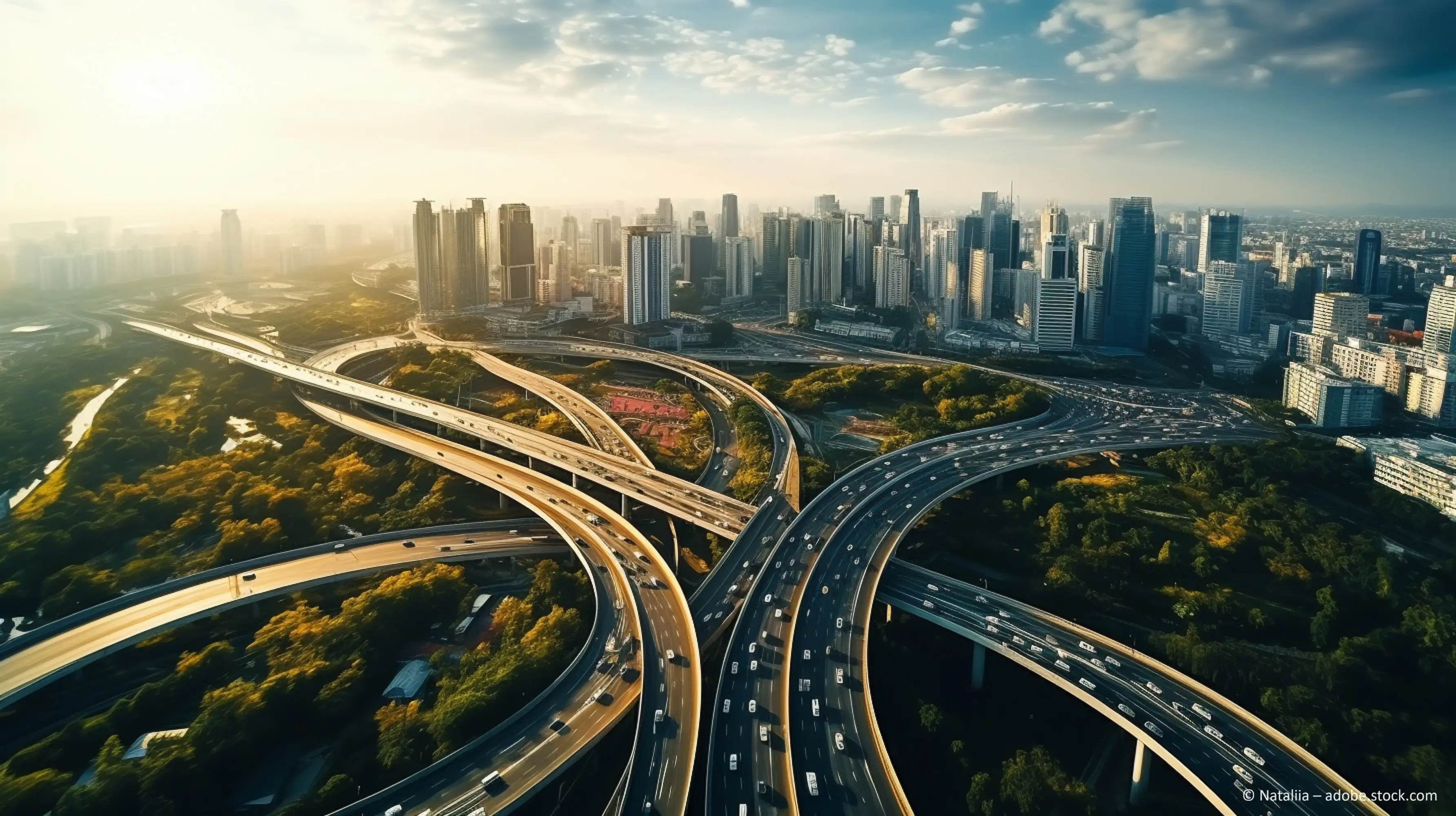 Aerial photography bird-eye view of City viaduct bridge road streetscape landscape Generative AI