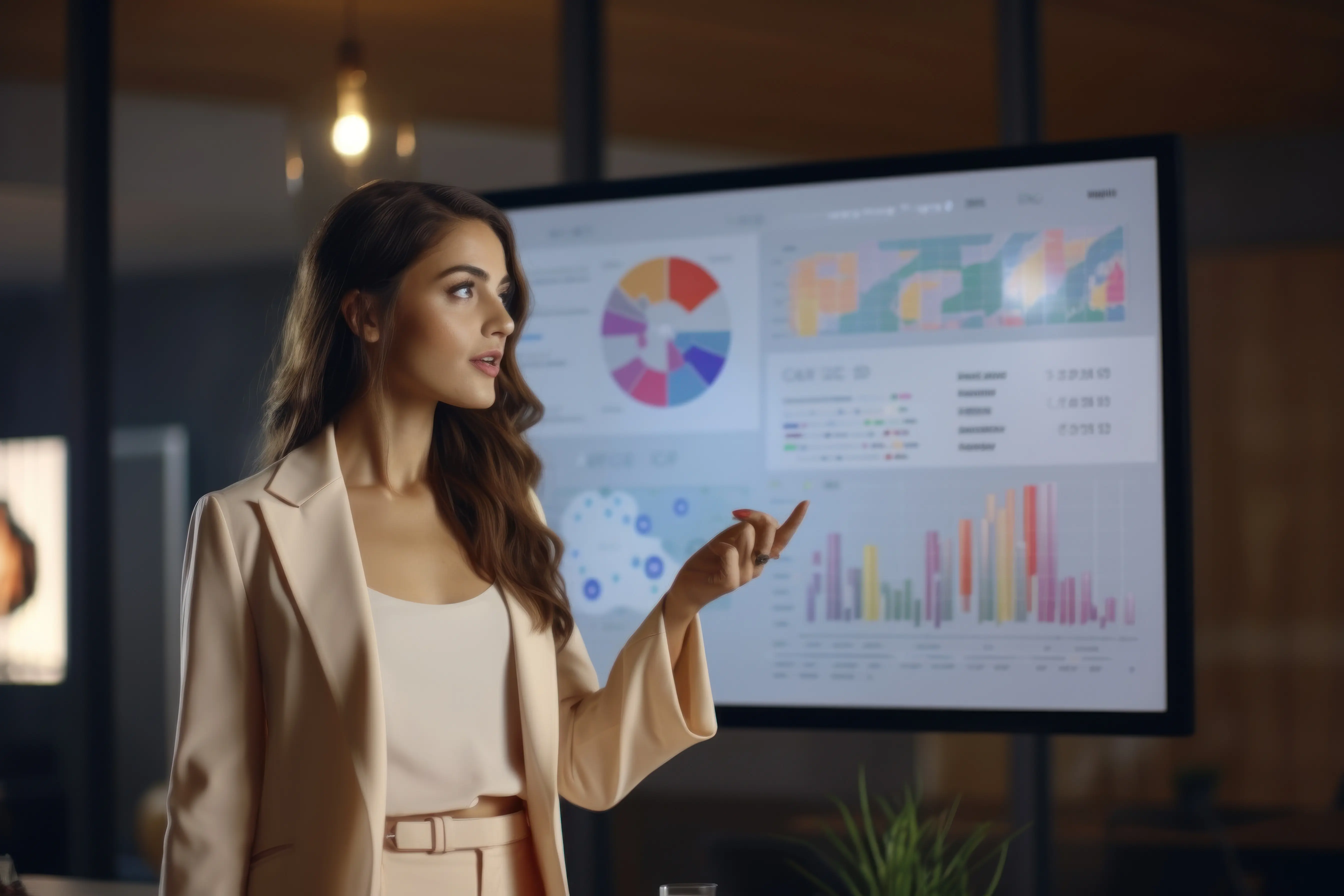 intelligent woman giving a presentation to an audience.