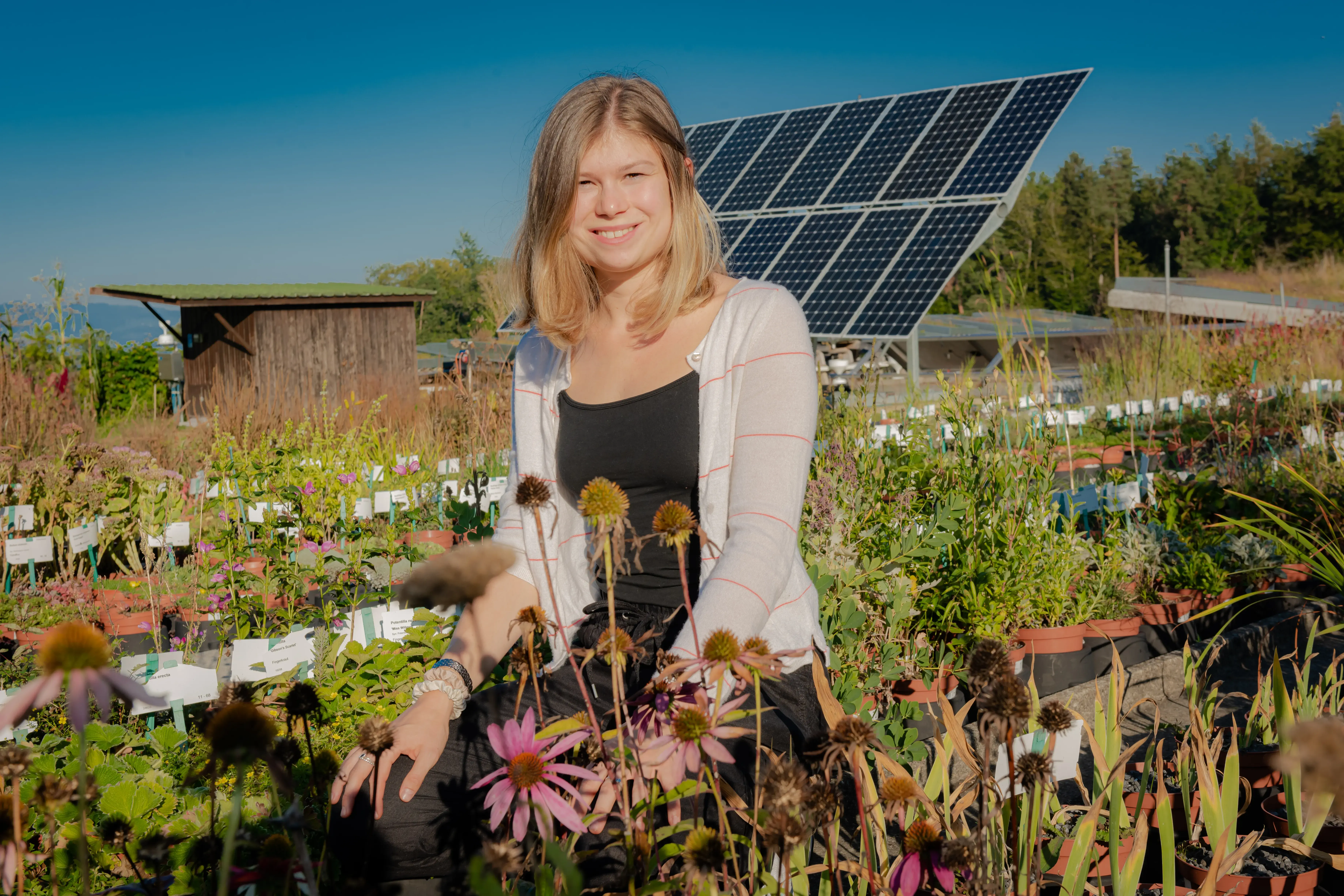 Junge Frau_Forschungsprojekt_Garten_Solaranlage_Campus