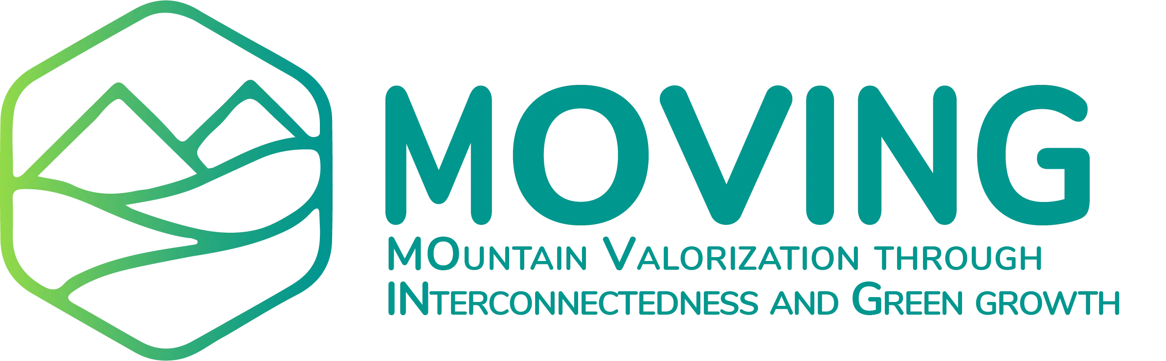 logo of the project, an icon of a mountain chain inside a hexagon in green and blue, next to it the text "MOVING - Mountain valorization through interconnectedness and green growth"