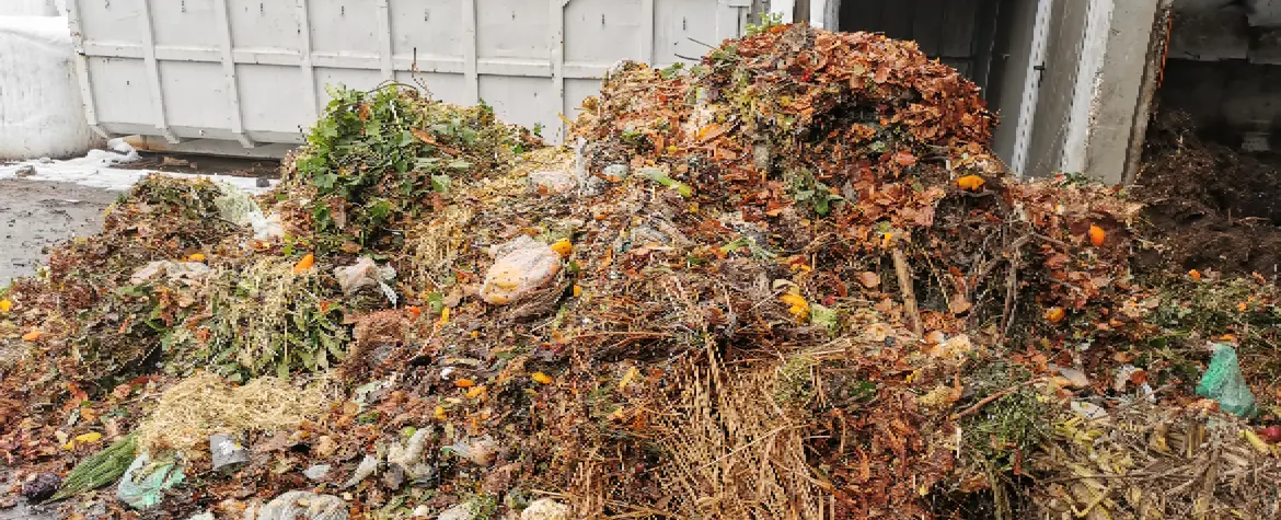 Berg von Grüngut durchmischt mit Plastik