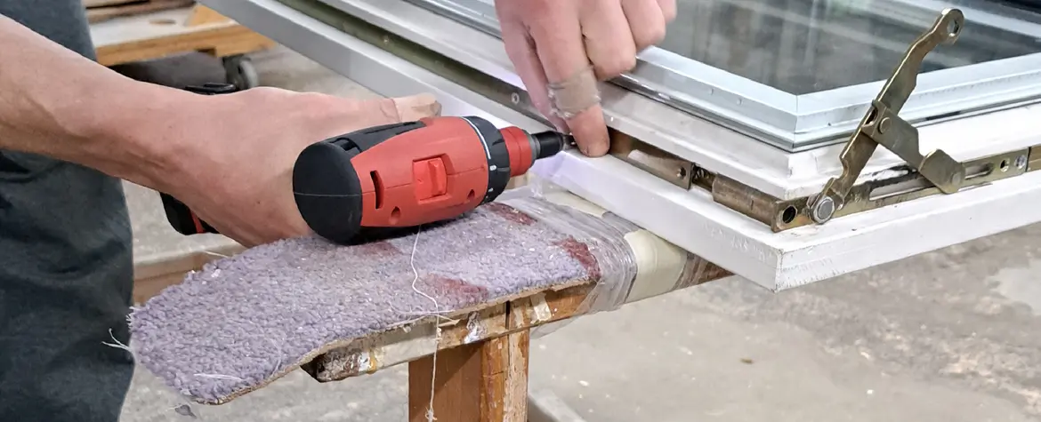 Ein Handwerker schraubt ein Fenster an einen Fensterrahmen.