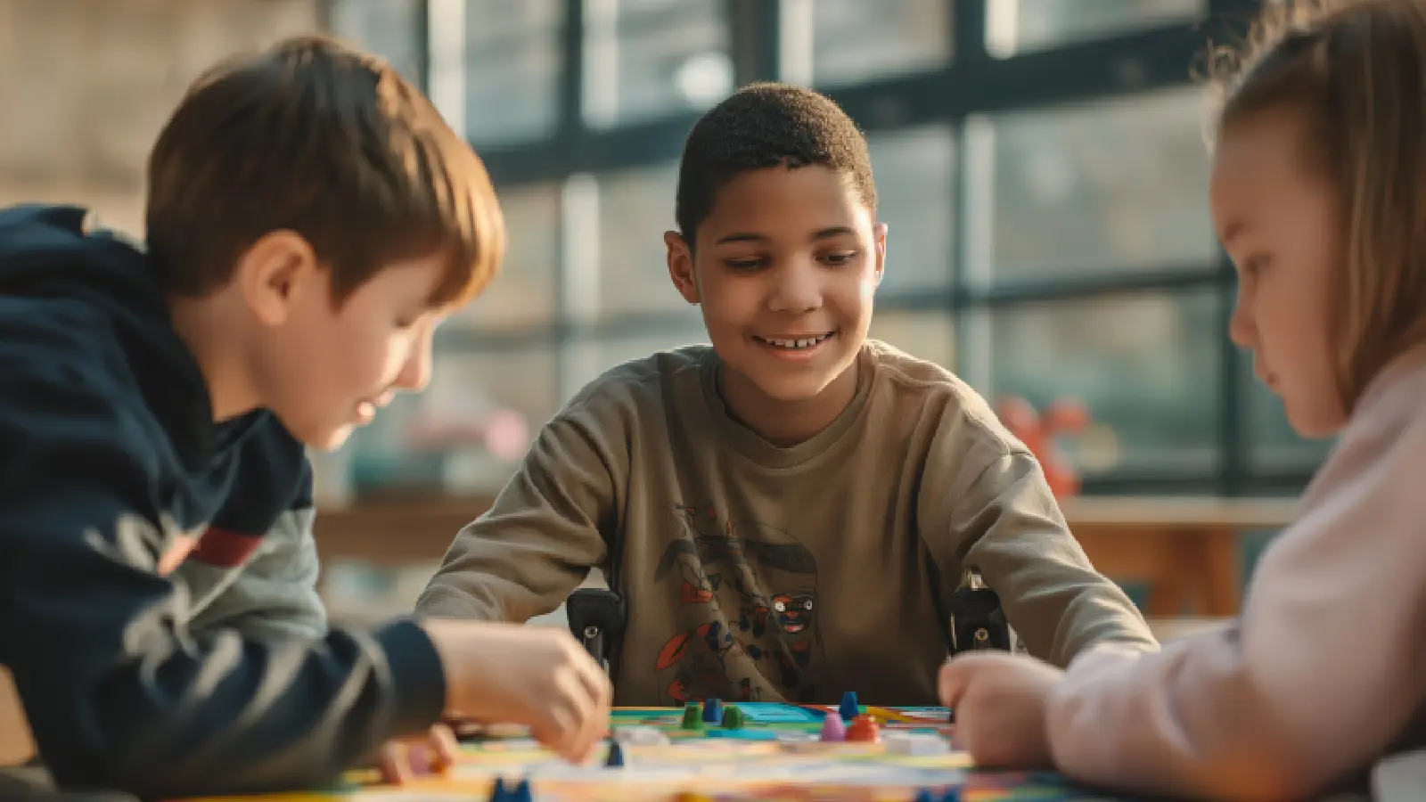 Three children are playing a board game.